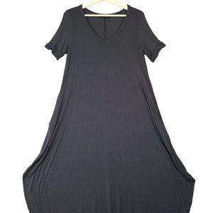 Miracle Berry Dress M Maxi Jersey Knit V Neck Curve Hem Short Sleeve Pocket Gray